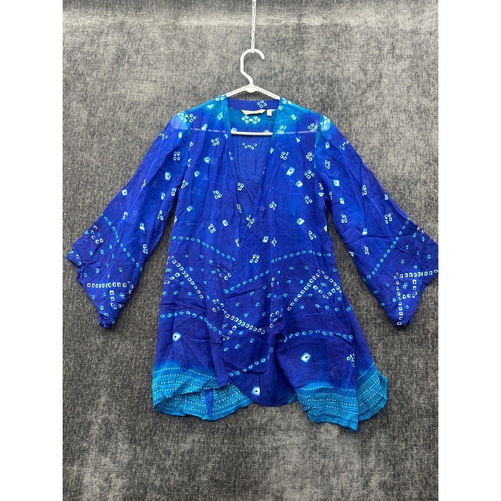 Soft Surroundings Laguna Topper Women XS Blue Geometric Sheer Viscose Open Front